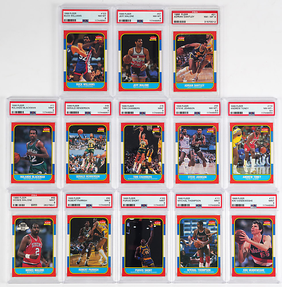 1986-1987 Fleer Basketball Near Set (131/132) with 24 PSA Graded Including 13 PSA MINT 9 - Sharp!