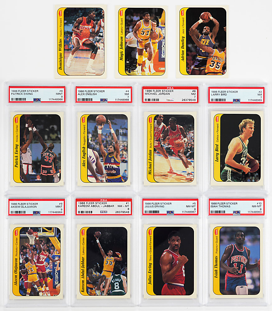 1986-1987 Fleer Basketball Stickers Set (11) with 8 PSA Graded Including #8 Michael Jordan Rookie NM 7