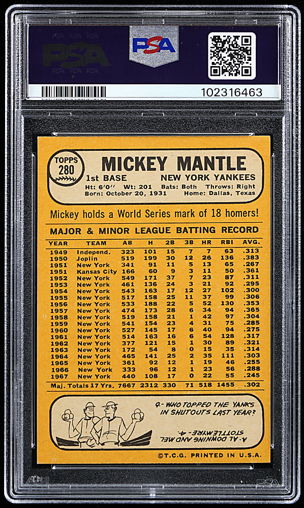 1968 Topps #280 Mickey Mantle PSA VG-EX 4