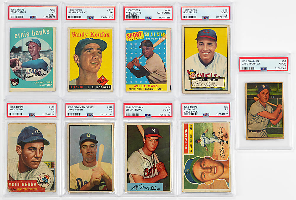 1952-1959 Baseball PSA Graded Collection (9) with (8) Hall of Famers Including Koufax, Mays & 1952 Topps Feller