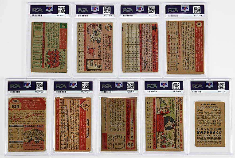 1952-1959 Baseball PSA Graded Collection (9) with (8) Hall of Famers Including Koufax, Mays & 1952 Topps Feller