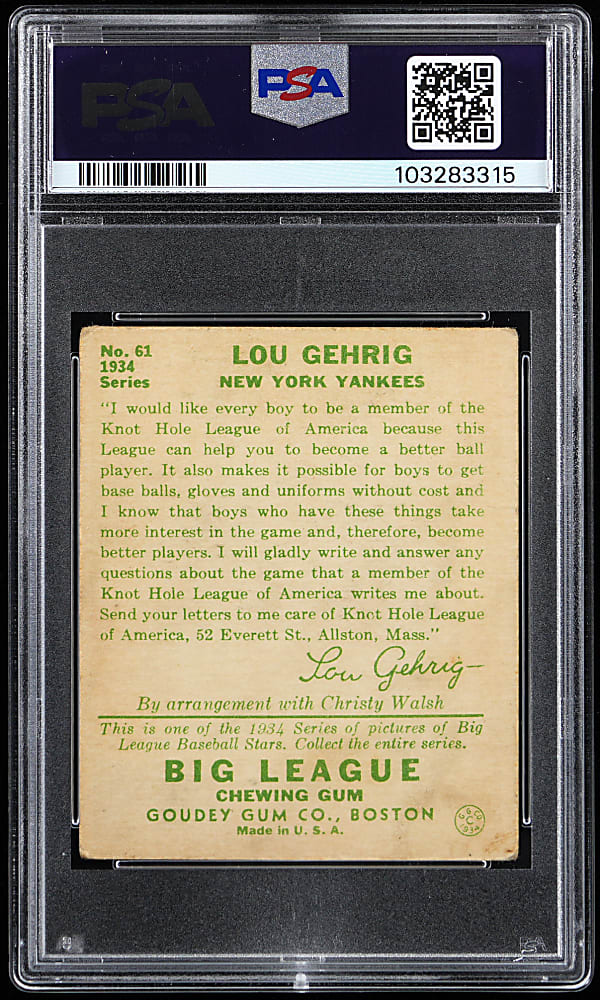 1934 Goudey #61 Lou Gehrig PSA FAIR 1.5