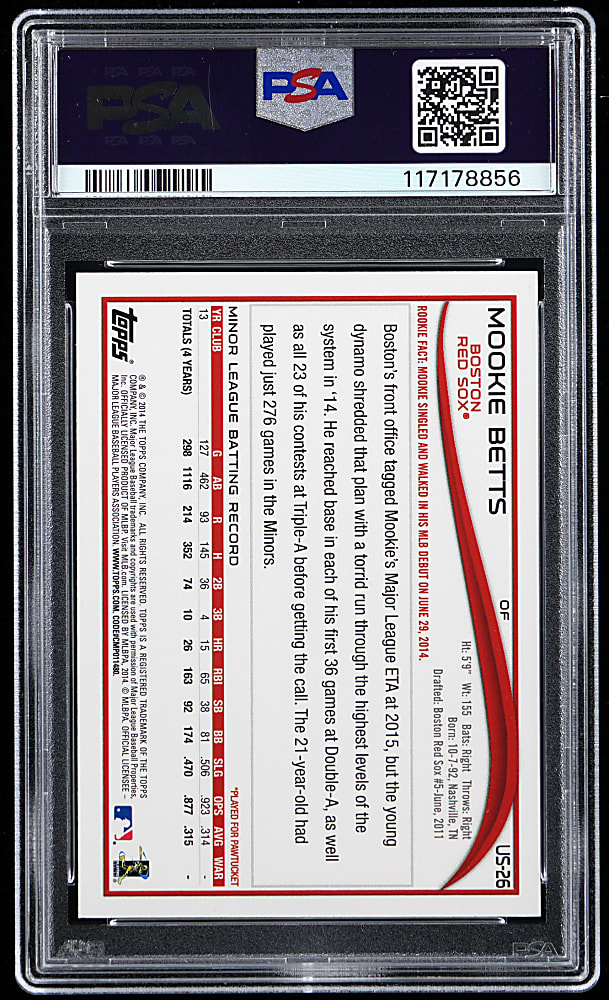 2014 Topps Update #US26 Mookie Betts "Smiling in Dugout" Rookie Shortprint Variation PSA GEM MINT 10