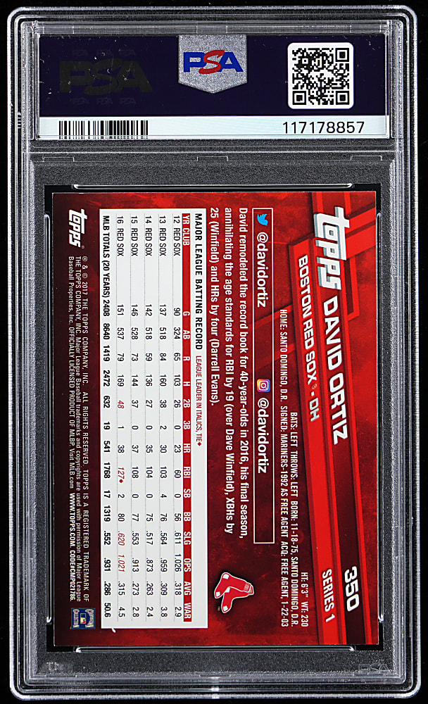 2017 Topps #350 David Ortiz with Albert Pujols Super Shortprint Variation PSA MINT 9