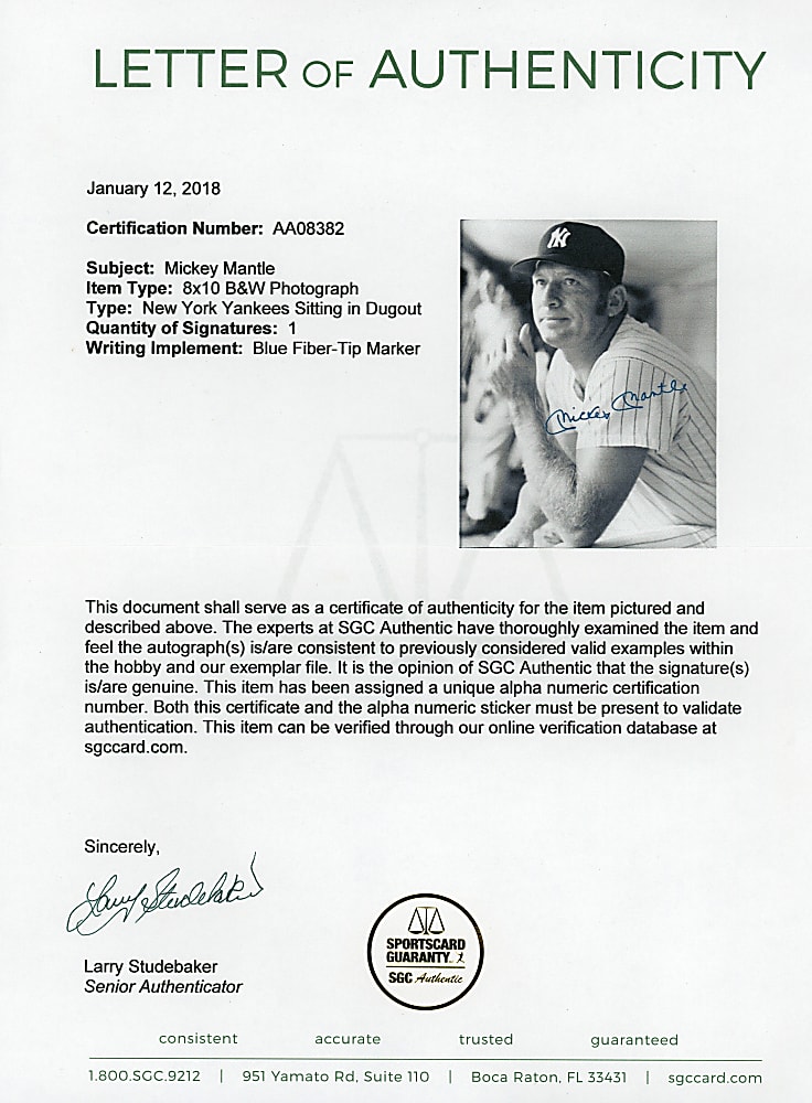 Mickey Mantle Signed Black & White 8x10 Photograph - Full SGC LOA