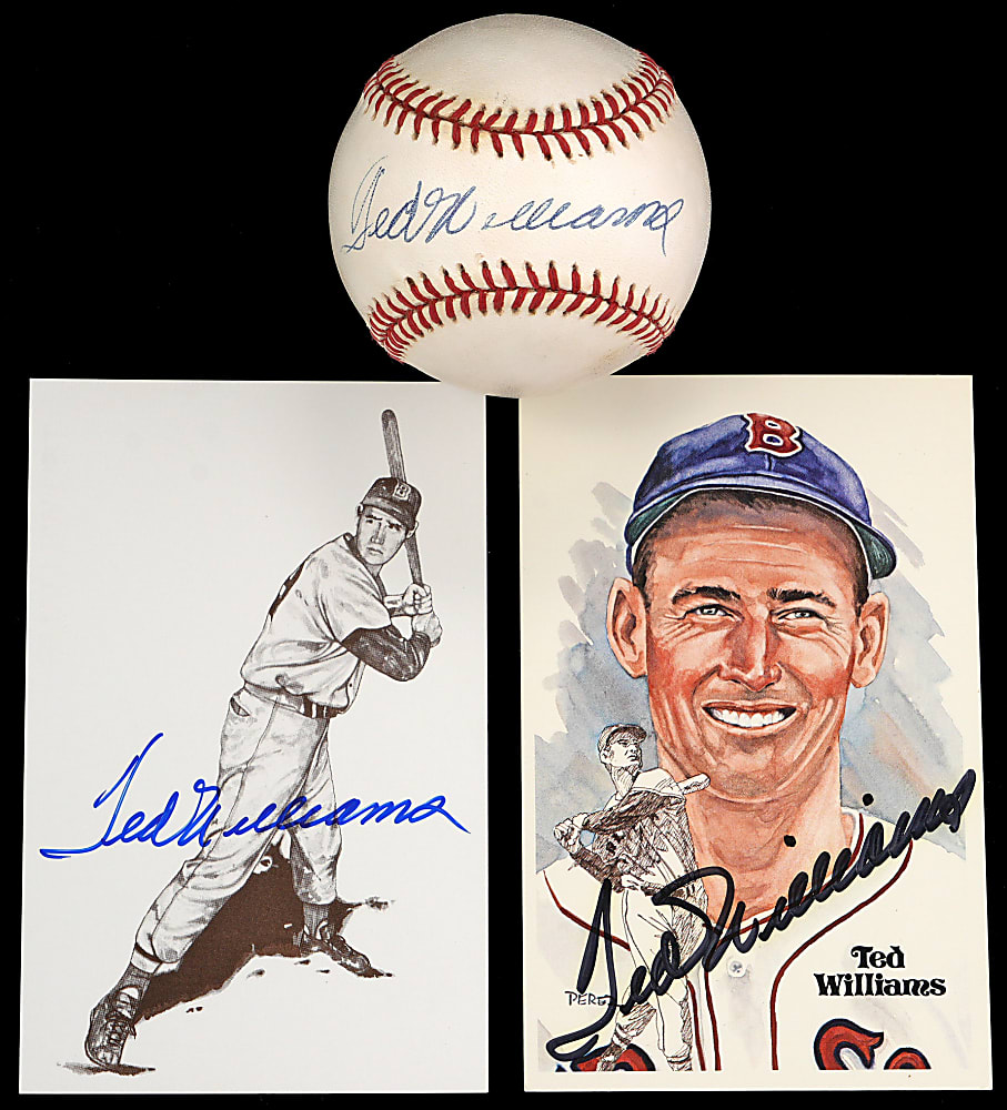 Ted Williams Signed Trio with Baseball & (2) Postcards Including Perez-Steele