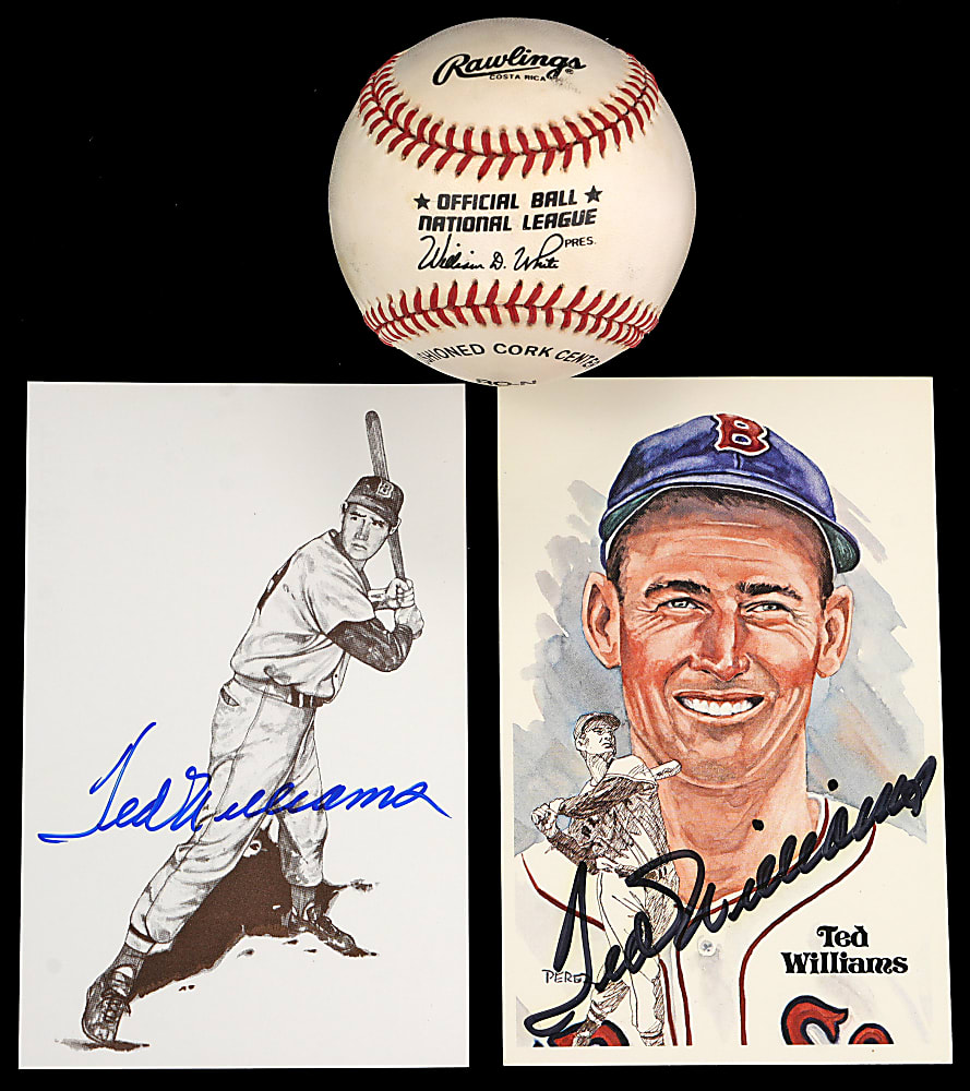 Ted Williams Signed Trio with Baseball & (2) Postcards Including Perez-Steele