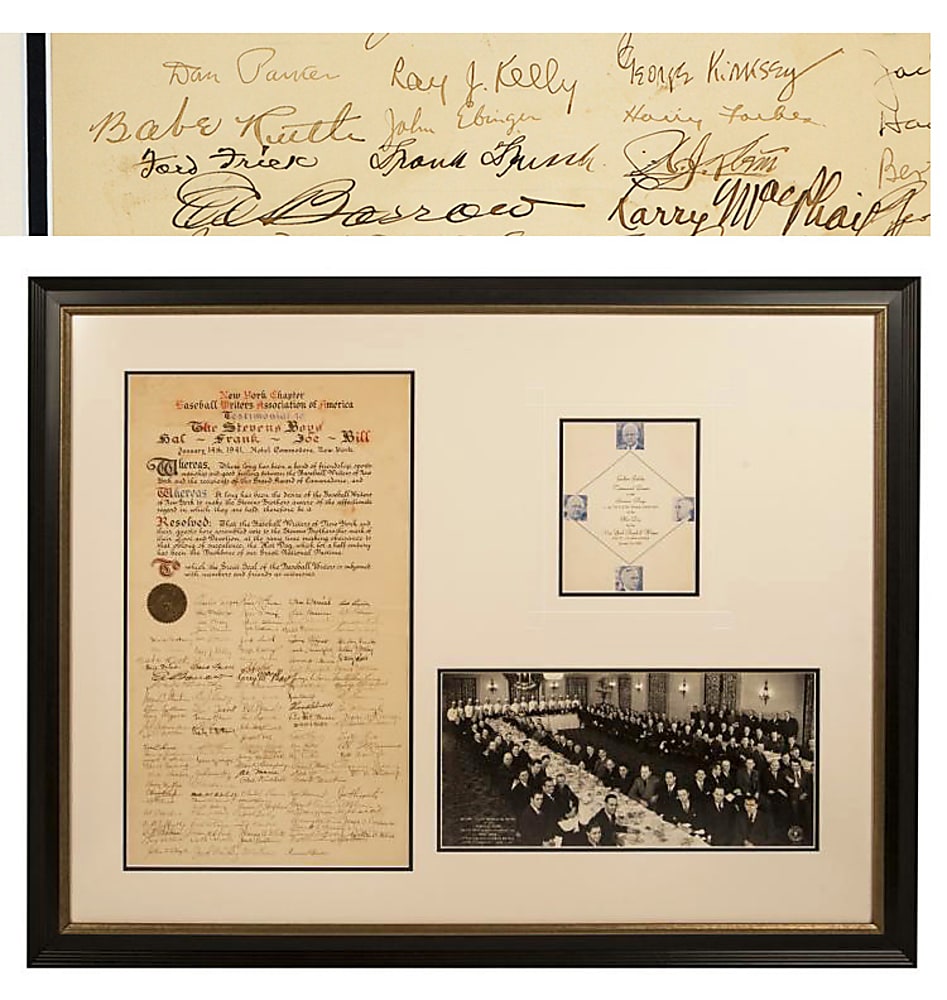 Babe Ruth Signed 1941 50th Anniversary of the Hot Dog Testimonial Framed Display with Proclamation Signed by (135) Including Babe Ruth, Ed Barrow & Ford Frick – PSA/DNA LOA