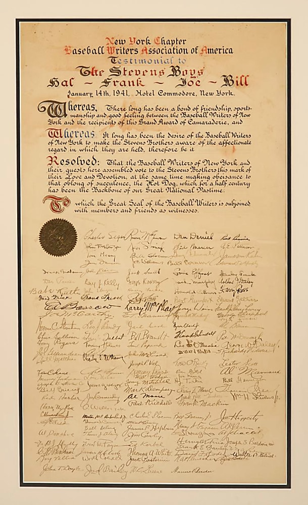 Babe Ruth Signed 1941 50th Anniversary of the Hot Dog Testimonial Framed Display with Proclamation Signed by (135) Including Babe Ruth, Ed Barrow & Ford Frick – PSA/DNA LOA