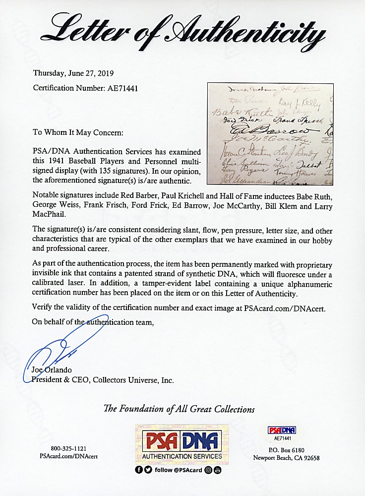 Babe Ruth Signed 1941 50th Anniversary of the Hot Dog Testimonial Framed Display with Proclamation Signed by (135) Including Babe Ruth, Ed Barrow & Ford Frick – PSA/DNA LOA