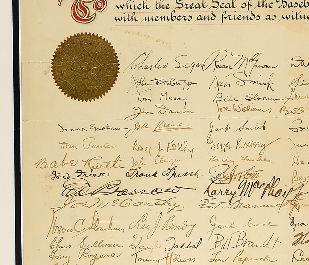 Babe Ruth Signed 1941 50th Anniversary of the Hot Dog Testimonial Framed Display with Proclamation Signed by (135) Including Babe Ruth, Ed Barrow & Ford Frick – PSA/DNA LOA