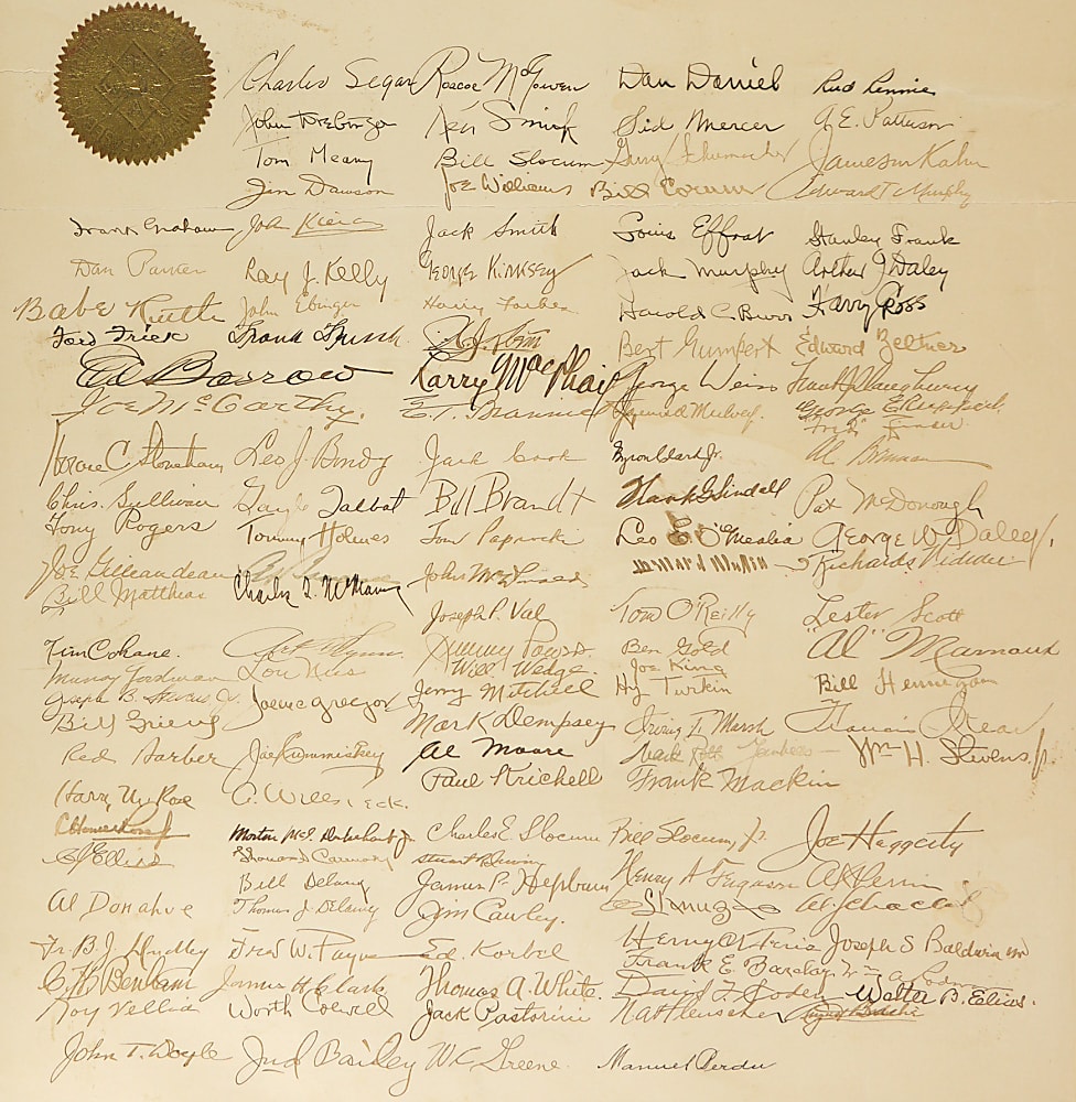 Babe Ruth Signed 1941 50th Anniversary of the Hot Dog Testimonial Framed Display with Proclamation Signed by (135) Including Babe Ruth, Ed Barrow & Ford Frick – PSA/DNA LOA