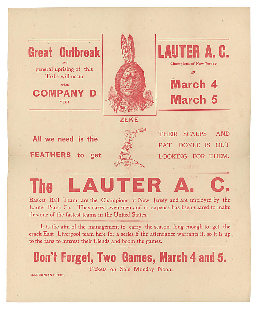 Early 1900s Lauter Athletic Club Basketball Handbill Featuring Chief Sitting Bull