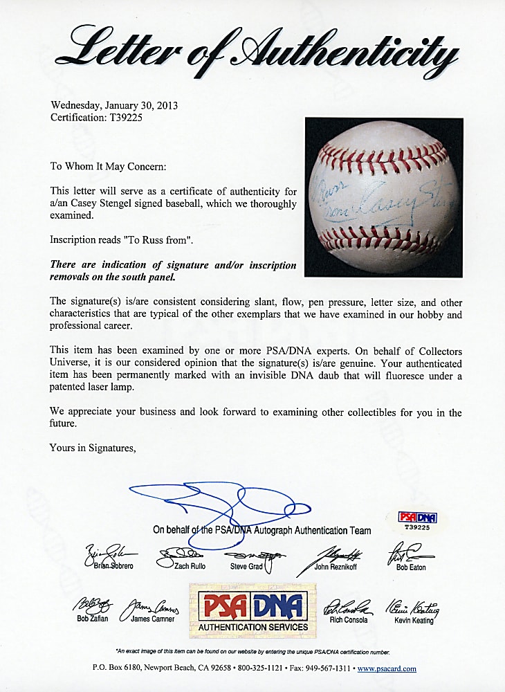 1960's Casey Stengel Single-Signed Giles ONL Baseball with Full PSA LOA