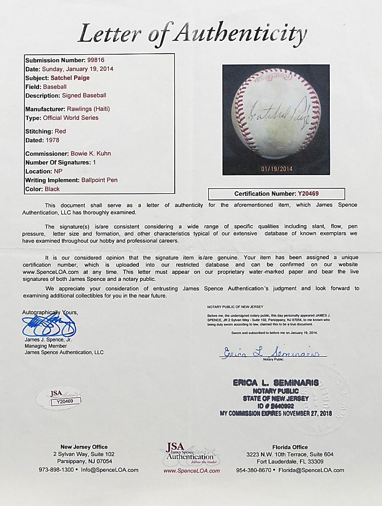 1978 Satchel Paige Single-Signed Official World Series Baseball - Full JSA LOA
