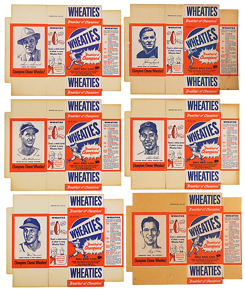 1951 Wheaties Complete Unfolded Box Set (6) with Ted Williams & George Mikan