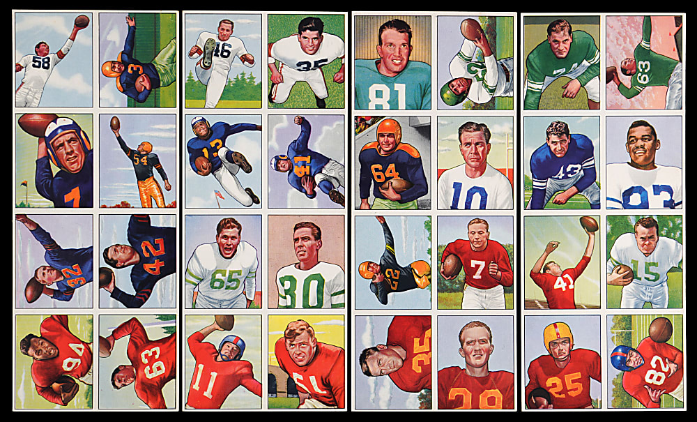 1950 Bowman Football 8-Card Uncut Panel Group (4) with (10) Hall of Famers Including #5 Y.A. Tittle Rookie - Sharp!