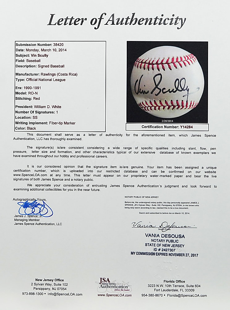 Vin Scully Boldly Signed ONL/White Baseball - Full JSA LOA