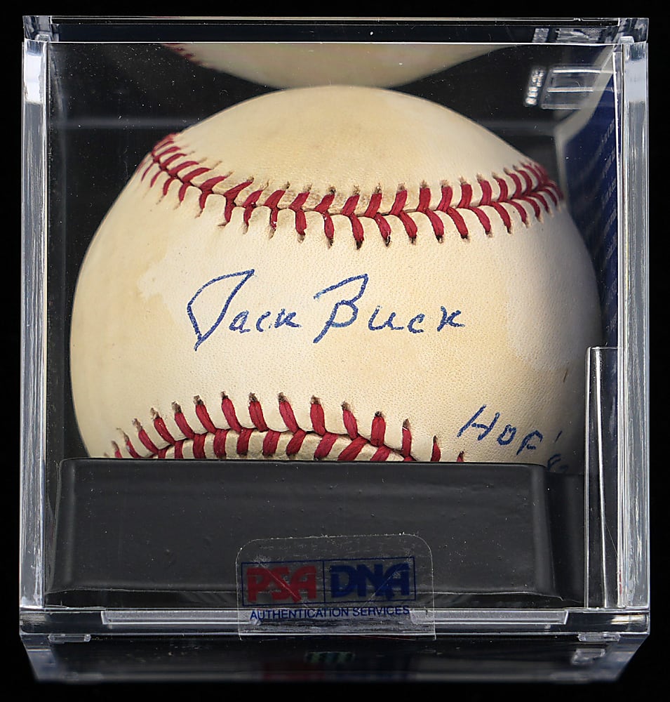Jack Buck Single-Signed Baseball with "HOF '87" Inscription - PSA/DNA 8