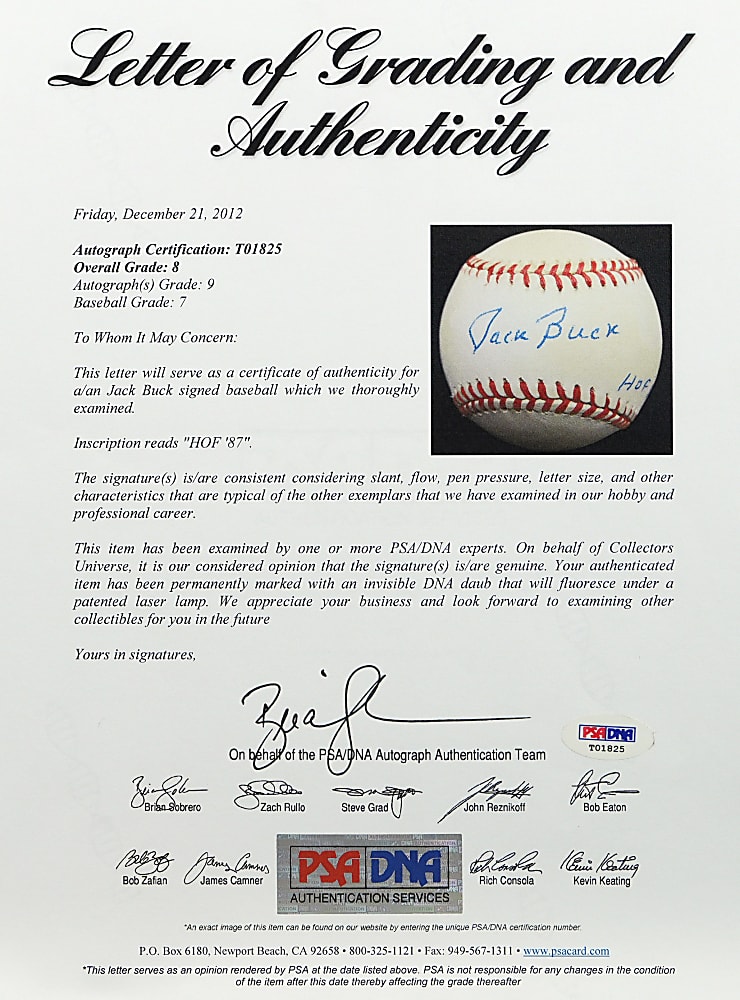 Jack Buck Single-Signed Baseball with "HOF '87" Inscription - PSA/DNA 8
