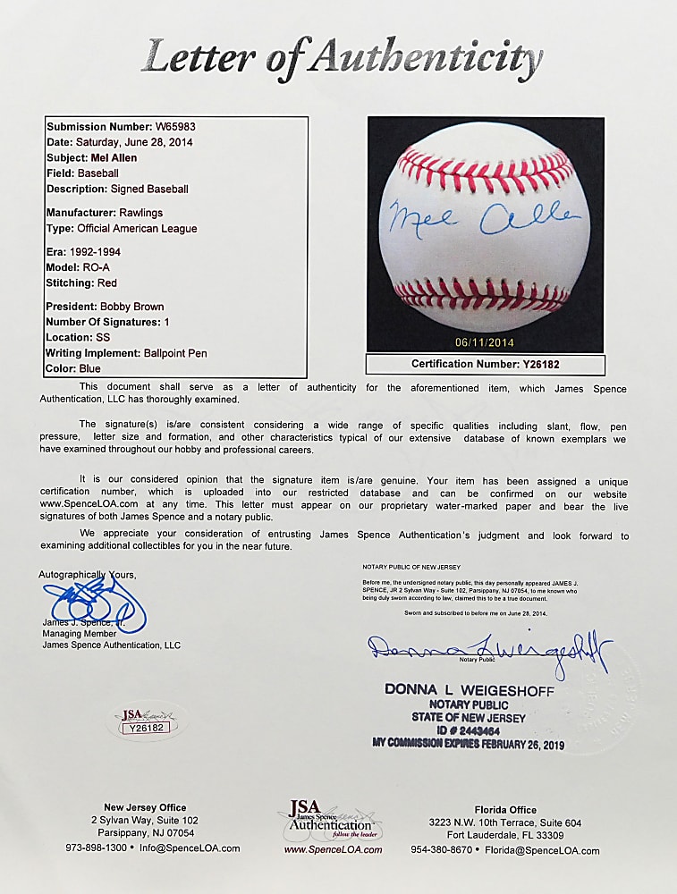 Mel Allen Sharply Signed OAL/Brown Baseball - Full JSA LOA