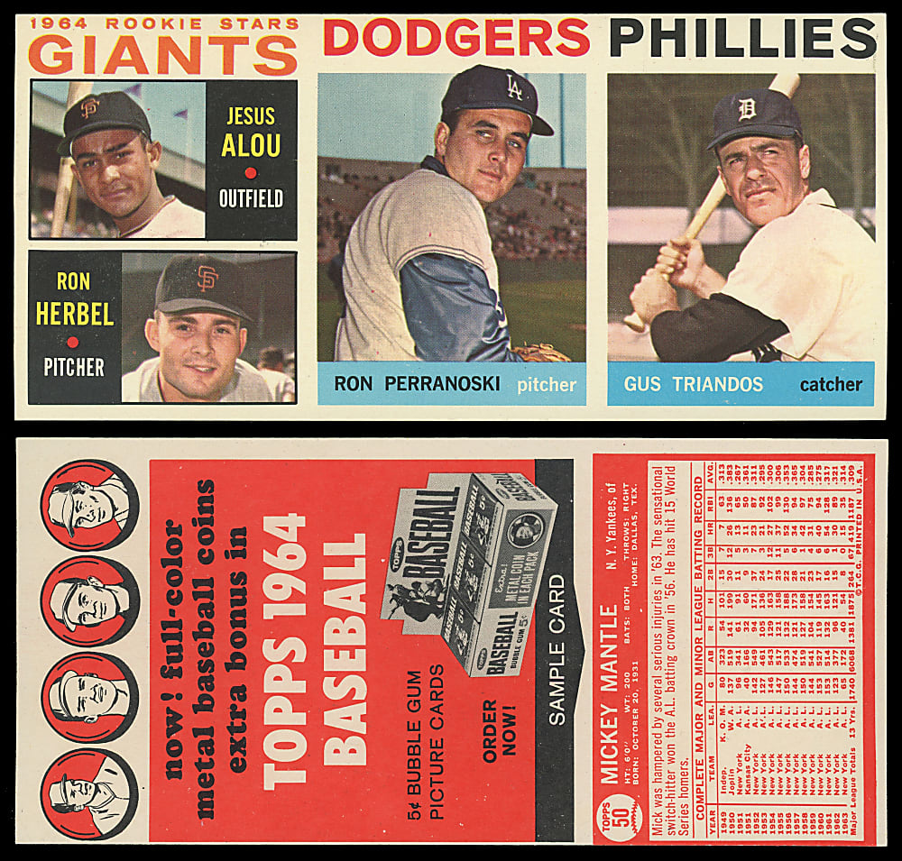 1964 Topps 3-Card Salesman Sample Panel with #50 Mickey Mantle Back - Giants Rookie/Perranoski/Triandos