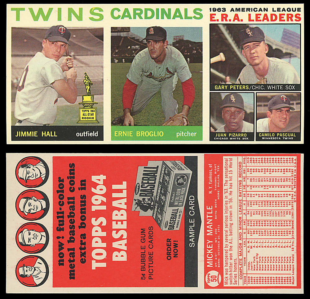 1964 Topps 3-Card Salesman Sample Panel with #50 Mickey Mantle Back - A.L. E.R.A. Leaders/Broglio/Hall
