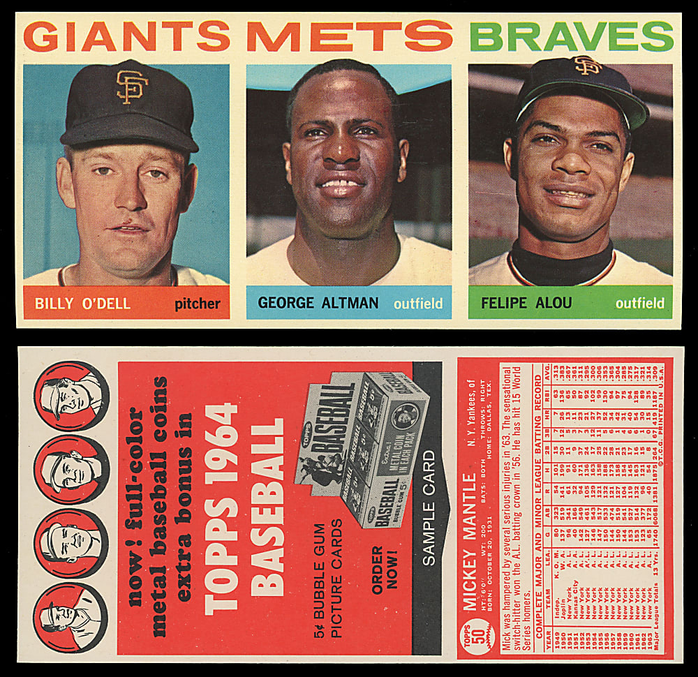 1964 Topps 3-Card Salesman Sample Panel with #50 Mickey Mantle Back - O'Dell/Altman/Alou