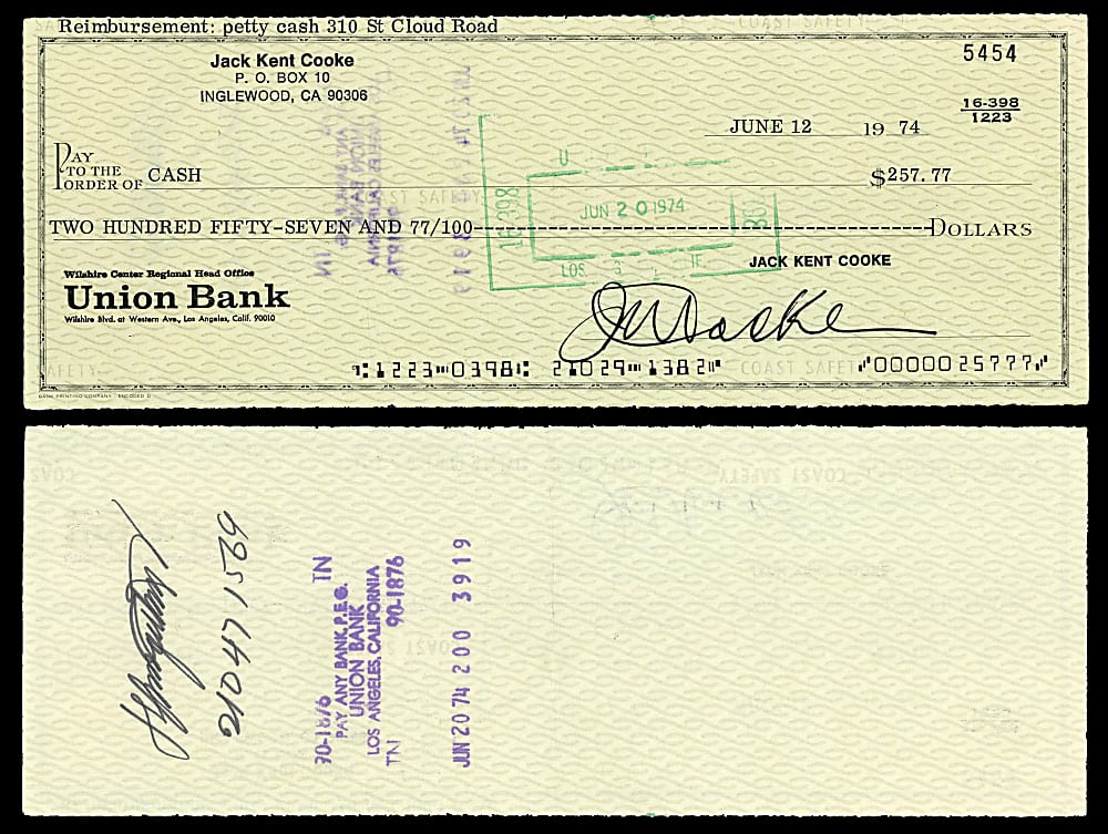 1974 Jack Kent Cooke Signed Check