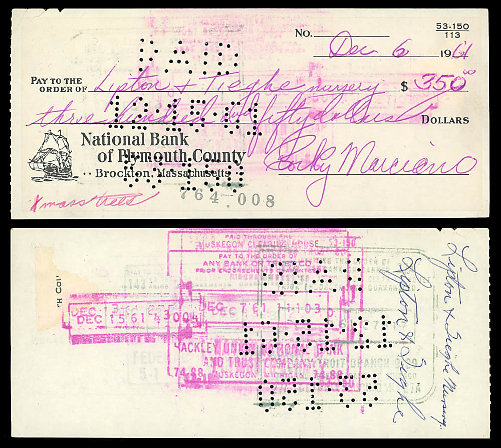 1961 Rocky Marciano Signed Check - Full JSA LOA