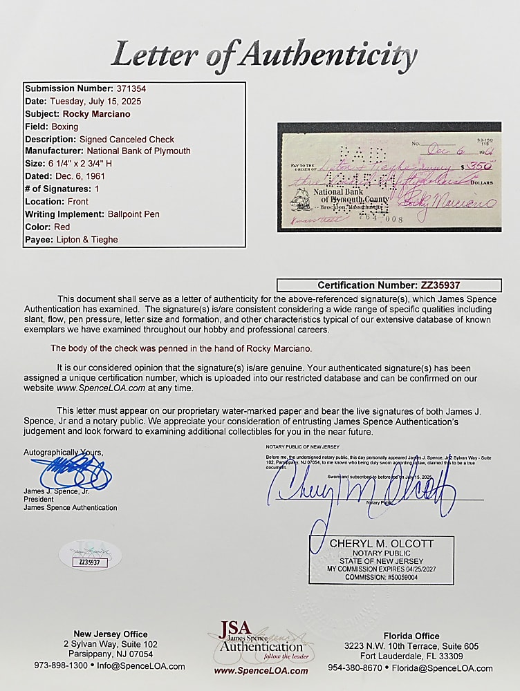 1961 Rocky Marciano Signed Check - Full JSA LOA
