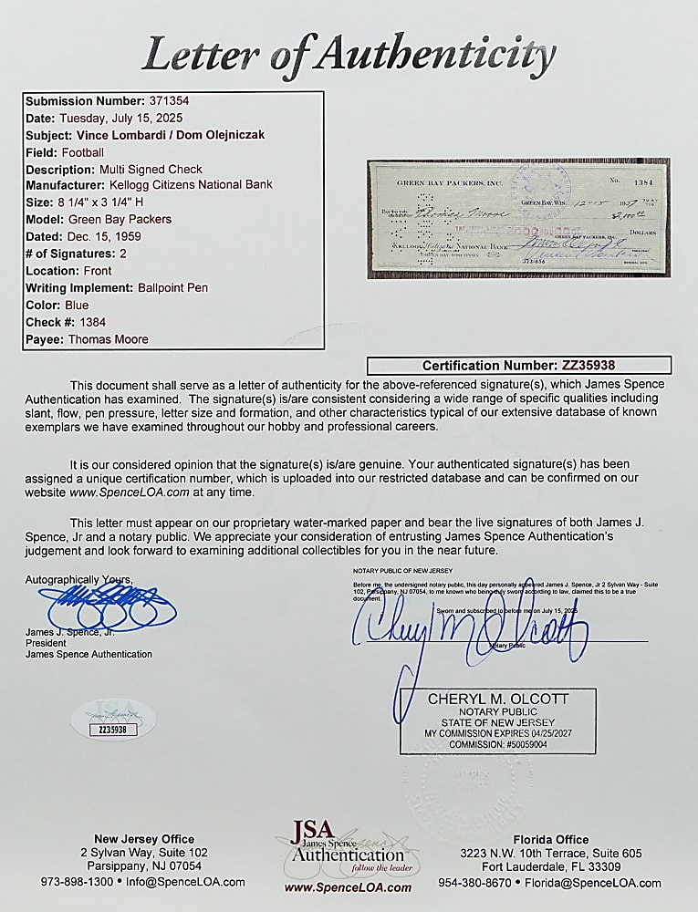 1959 Vince Lombardi Signed Green Bay Packers Team Check to Draft Pick Tom Moore with JSA FULL LOA