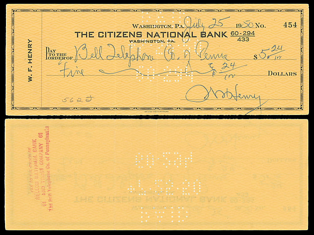 1950 Wilbur "Pete" Henry Signed Check - Full JSA LOA