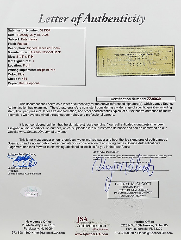 1950 Wilbur "Pete" Henry Signed Check - Full JSA LOA