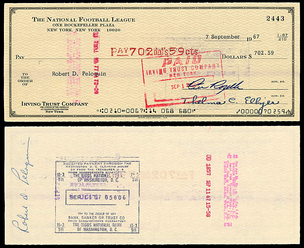 1967 Pete Rozelle Signed Official National Football League Check