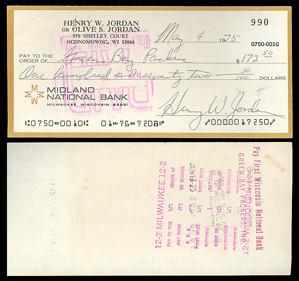 1975 Henry Jordan Signed Check