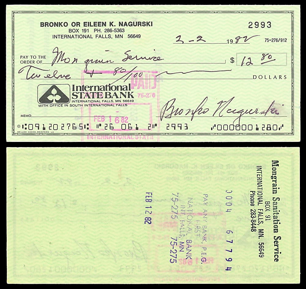 1982 Bronko Nagurski Signed Check