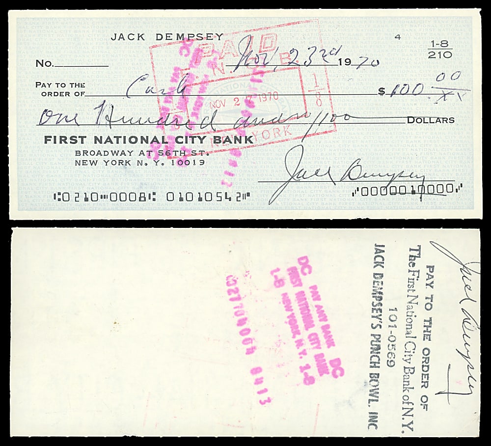 1970 Jack Dempsey Signed Check