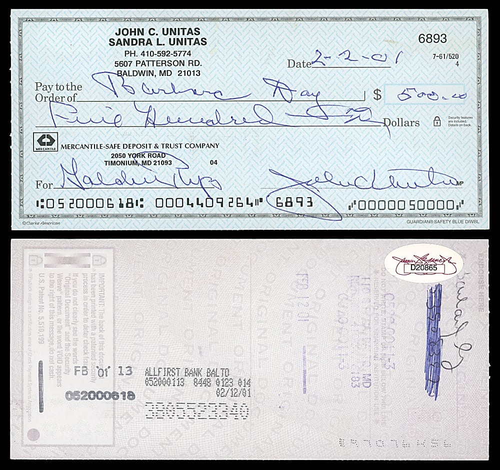2001 Johnny Unitas Signed Check - JSA Certified