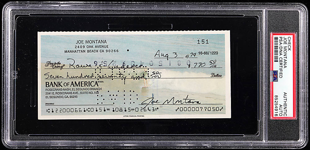 1979 Joe Montana Rookie Year Signed Check - PSA/DNA