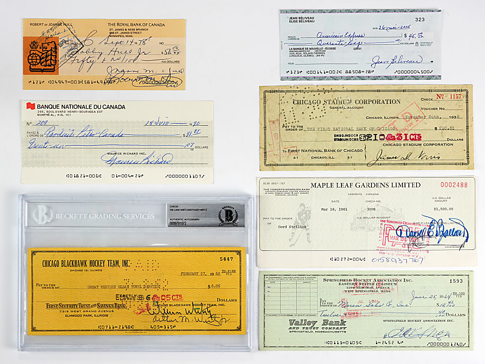 1938-2006 NHL Hockey Legends Signed Checks (13) - Mostly Hall of Famers