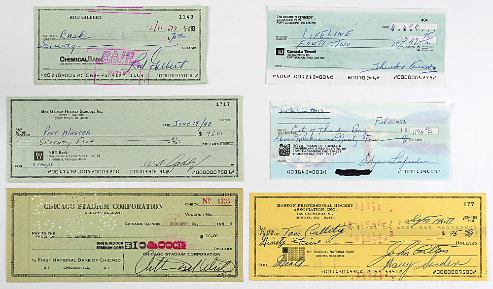 1938-2006 NHL Hockey Legends Signed Checks (13) - Mostly Hall of Famers