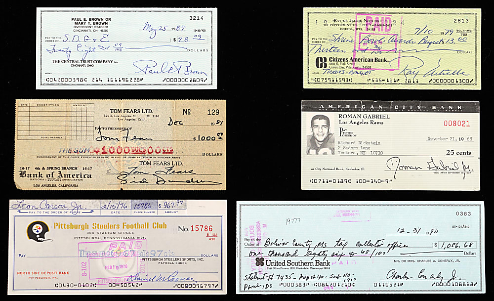 1950s-1990s NFL Hall of Famers Signed Check Collection (21) with Dan Rooney Pittsburgh Steelers Payroll Check to Bud Carson