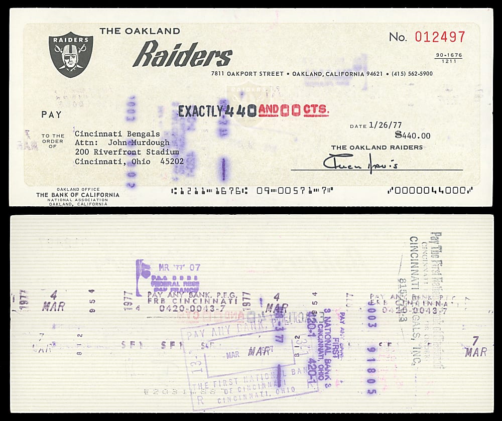 1977 Al Davis Signed Oakland Raiders Payroll Check to Cincinnati Bengals