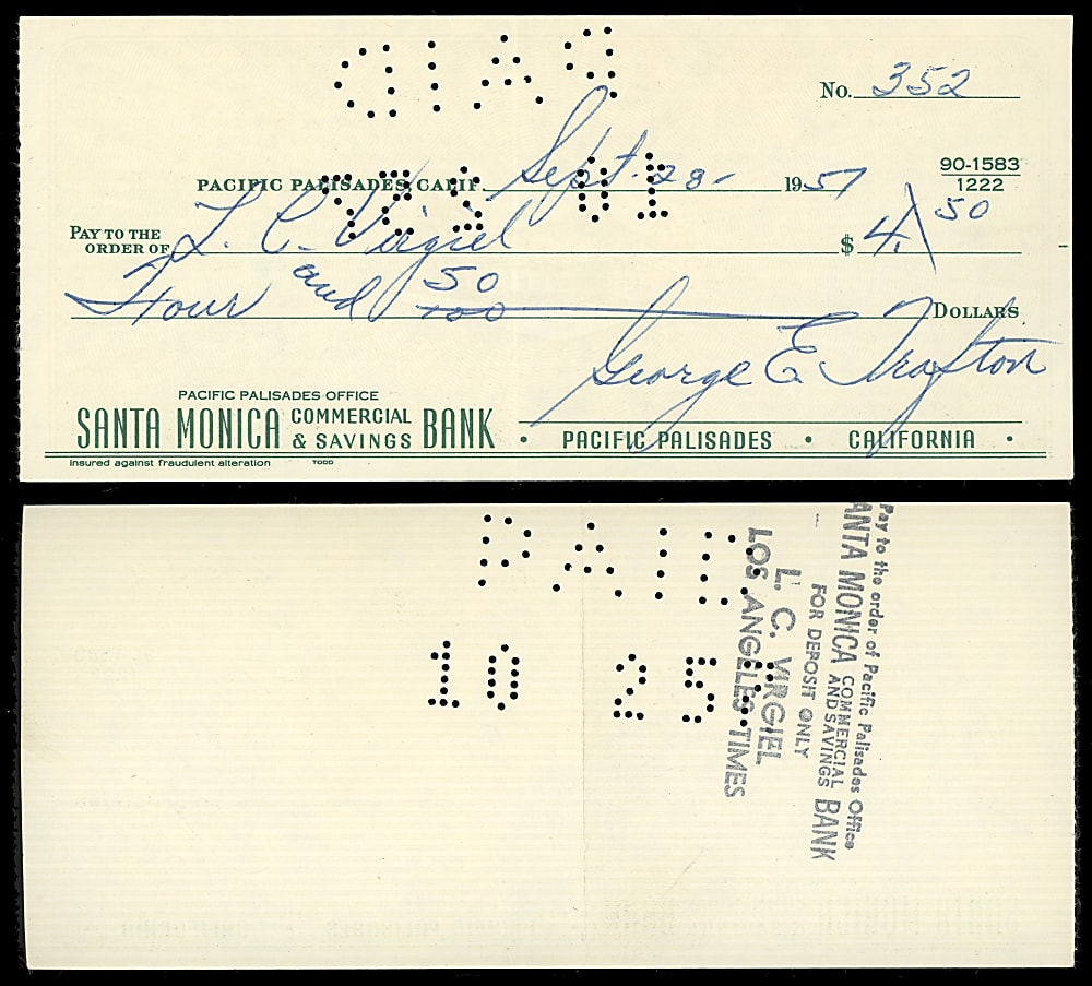 1957 George Trafton Signed Check