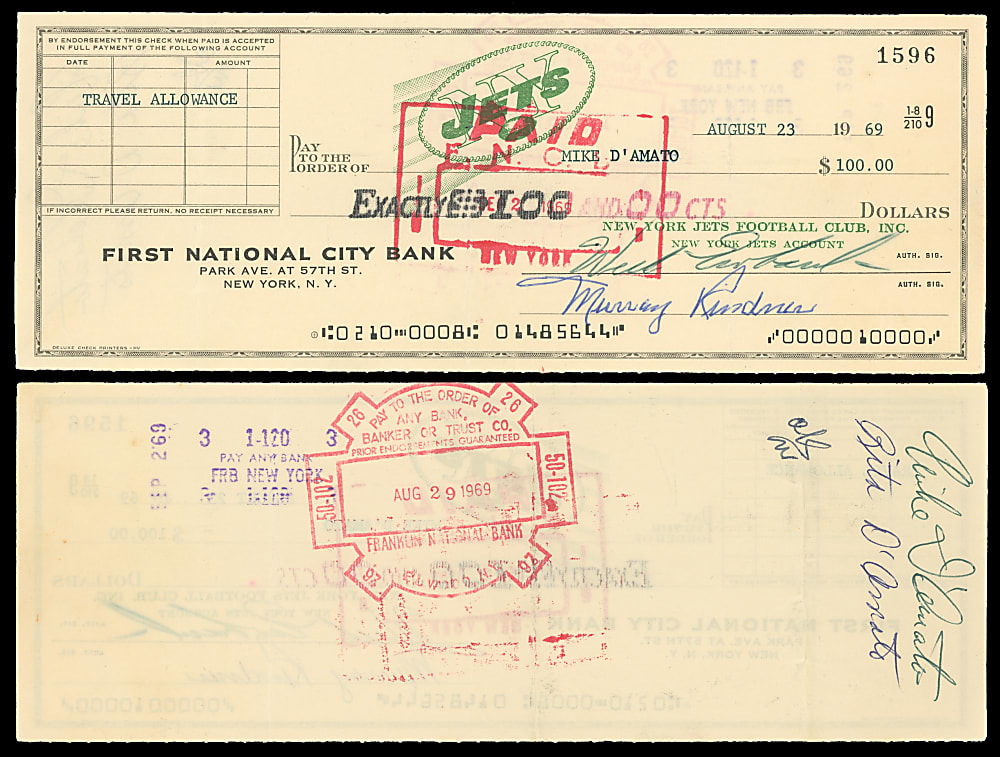 1969 New York Jets Payroll Check to Mike D'Amato Signed by Weeb Ewbank & Mike D'Amato