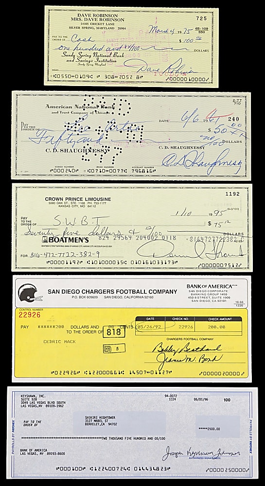 NFL Players & Coaches Signed Check Collection (13) with Derrick Thomas & Clark Shaughnessy