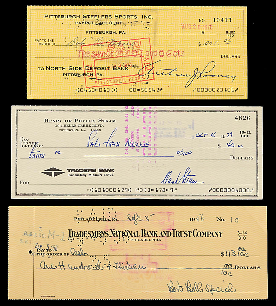 1950s-1970s NFL Hall of Famers Signed Check Collection (20) with Art Rooney, Hank Stram, Bert Bell