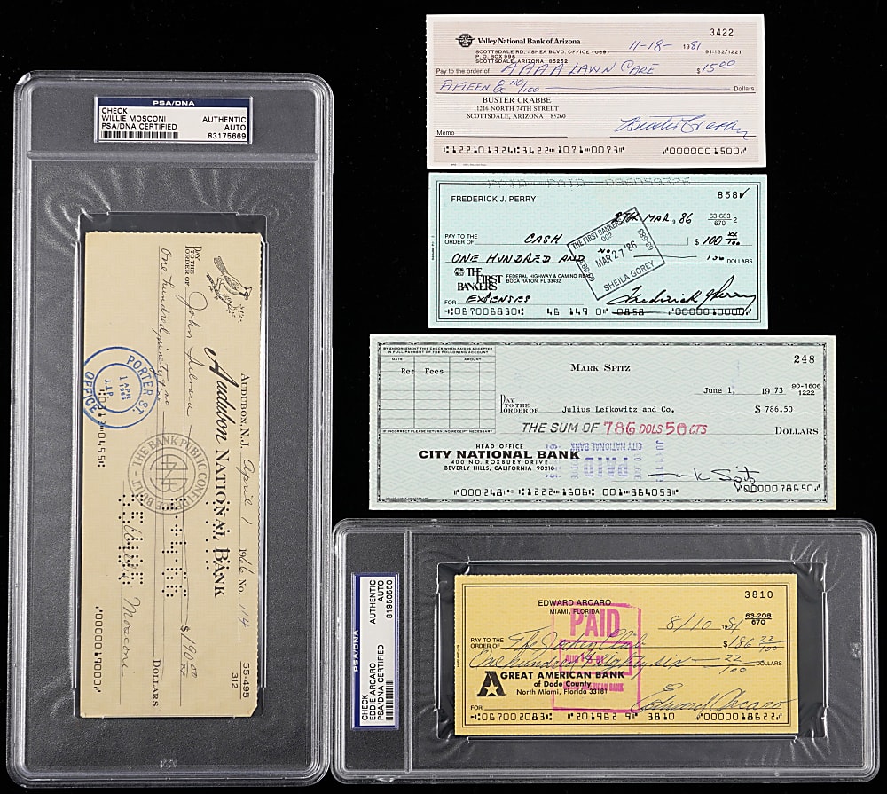 1960s-1980s Multi-Sport Champions Signed Check Group (5) with (2) PSA Encapsulated