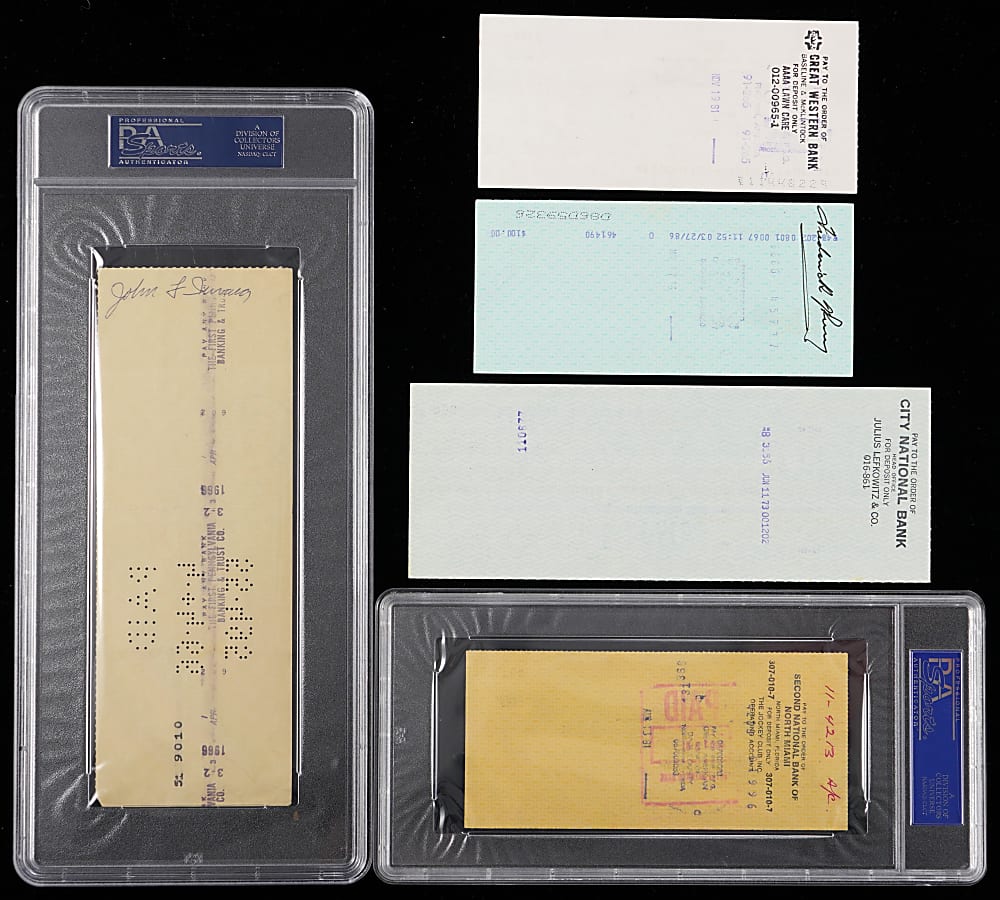 1960s-1980s Multi-Sport Champions Signed Check Group (5) with (2) PSA Encapsulated